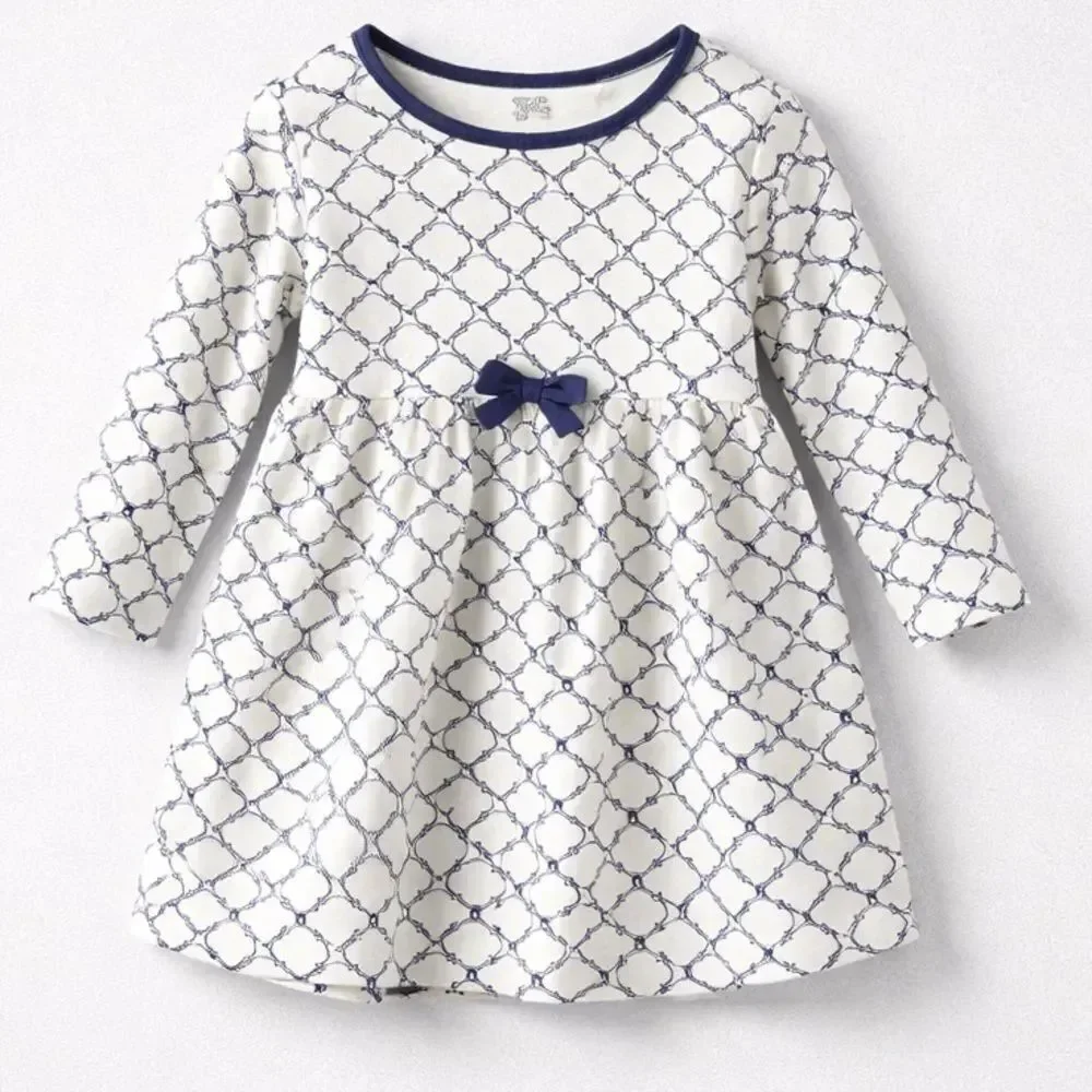 Touched by Nature blue and white geographic print long sleeve cotton dress 24m